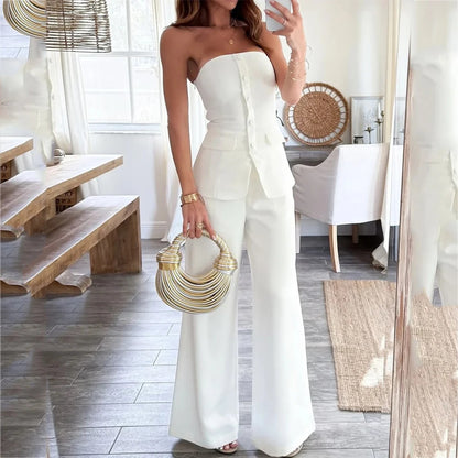 Off-shoulder Sleeveless Single-breasted Slim-fitting Straight Pants Suit