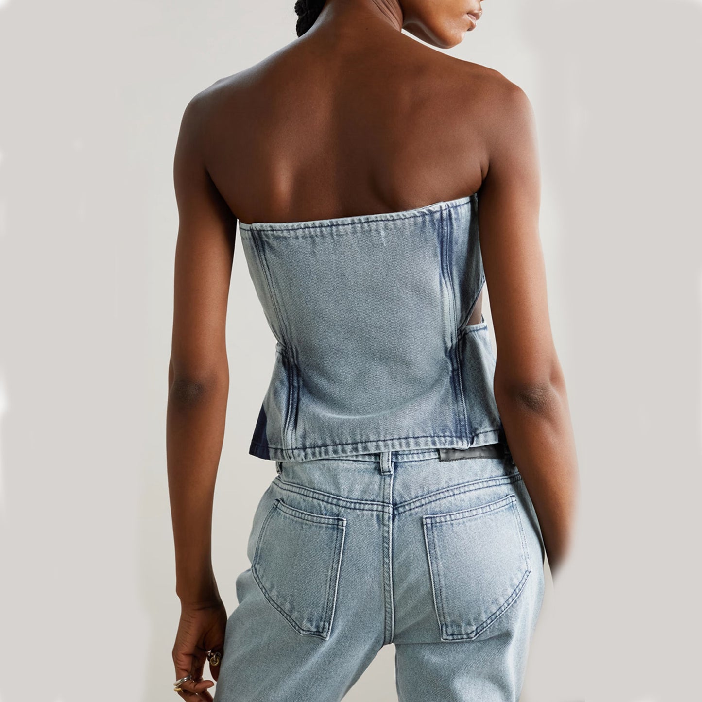 Color Contrast Patchwork Tube Top Three-dimensional Elastic Washed Jeans Two-piece Set