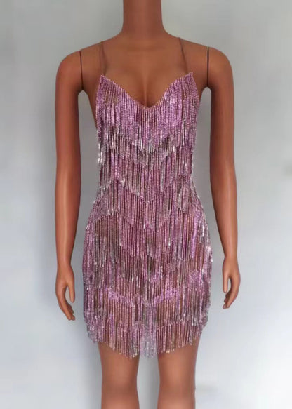 Sexy Deep V Rhinestone Tassel Bulk Evening Gown