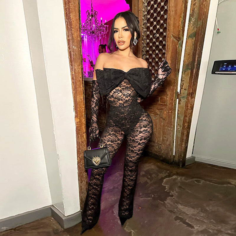 Sexy Bow Tube Top Hollow Out See-through Jumpsuit