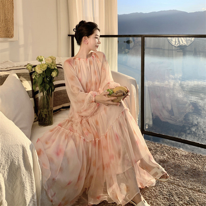 French Chiffon Floral Dress Women