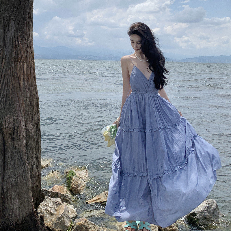 New Sexy Backless Stitching Ruffled Slim Fit Large Swing V-neck Dress