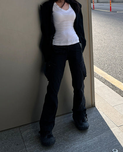 V-neck Shoulder Short Sleeve Waist-controlled Slimming Solid Color Top