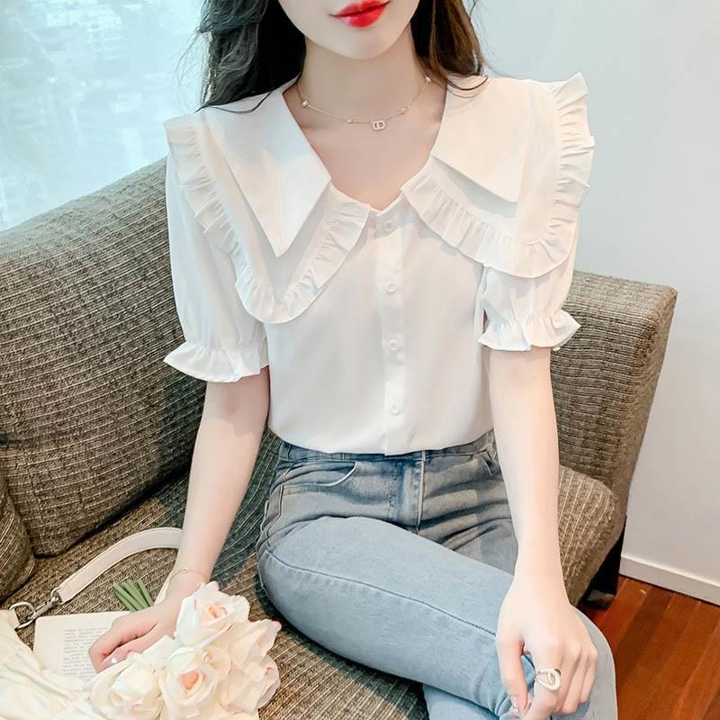 Double Doll Collar Short Sleeve Chiffon Shirt