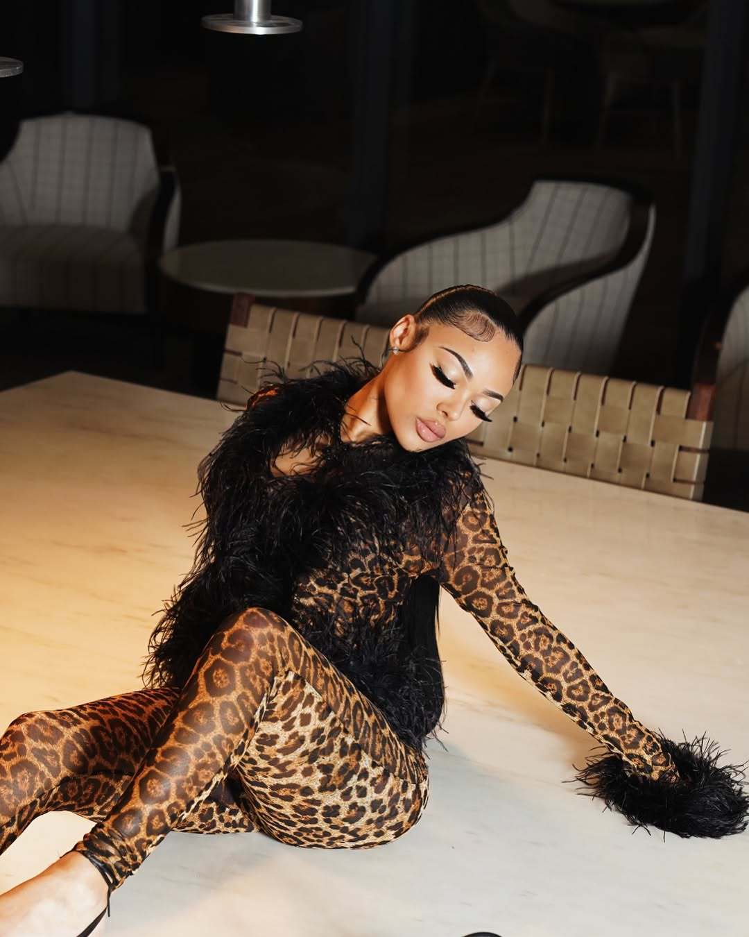 Fur Collar Trendy Lace Up Top Tight Stretch Trousers Suit