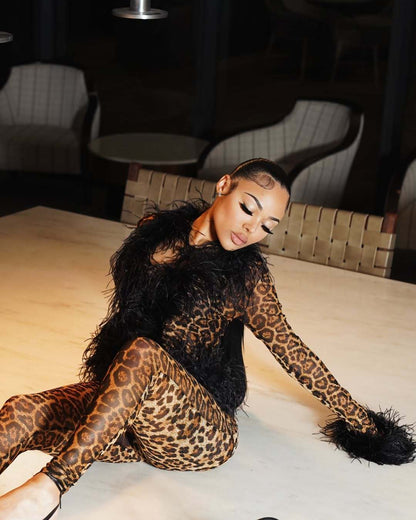 Fur Collar Trendy Lace Up Top Tight Stretch Trousers Suit