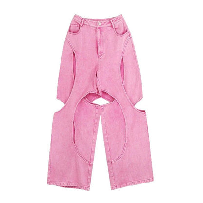 Women's American-style High Street Stitching Hole Worn Jeans