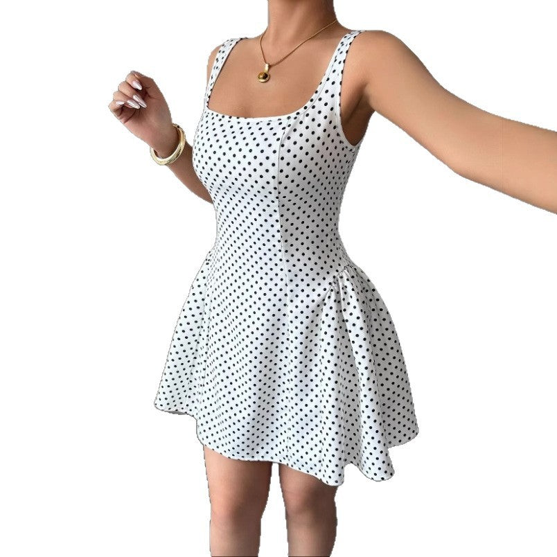 Pure Desire Wind Lace-up Waist Polka Dot Vest Dress