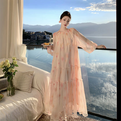 French Chiffon Floral Dress Women