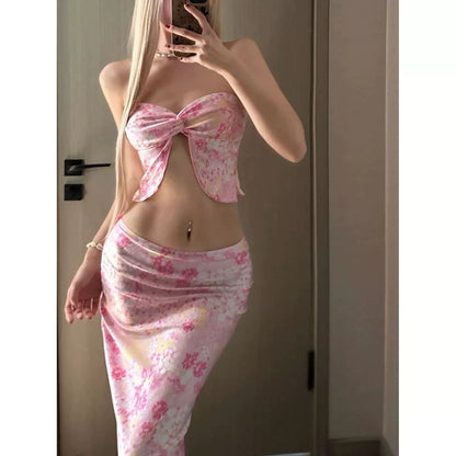 Thailand Vacation Printing Tube Top Dress Slimming Sexy With Breast Pad