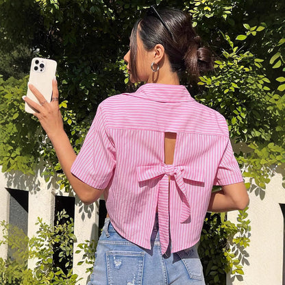 Women's Striped Back Bow Casual Vacation Short-sleeved Shirt
