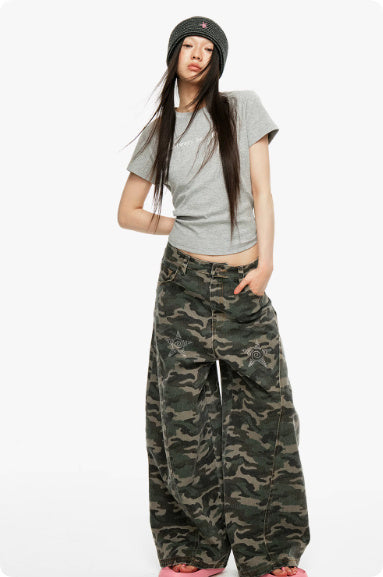 American Retro Jeans Camouflage Washed With Water And Hot Pressed Diamonds For Women
