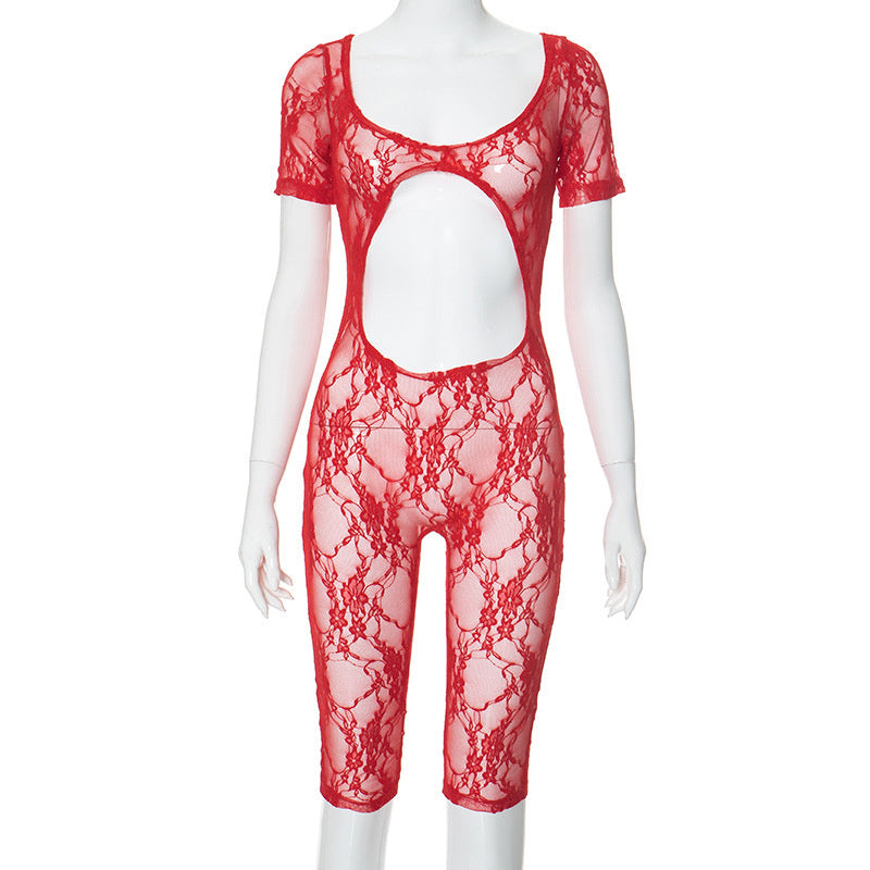 Women's Sexy Lace Stitching U-neck Short-sleeved Cropped Hollow Siamese Shorts