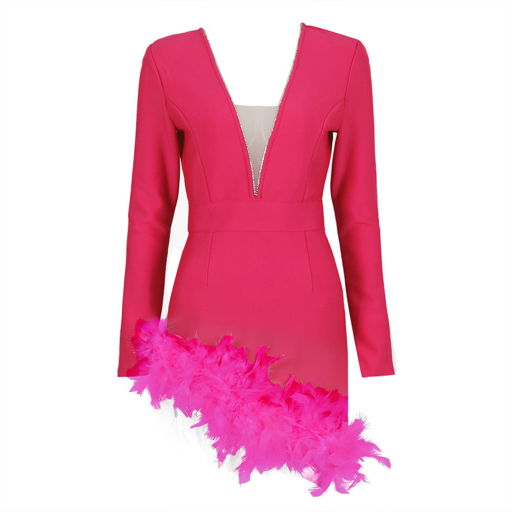 Women's Graceful And Fashionable Feather Bandage V-neck Mesh Long Sleeve Dress